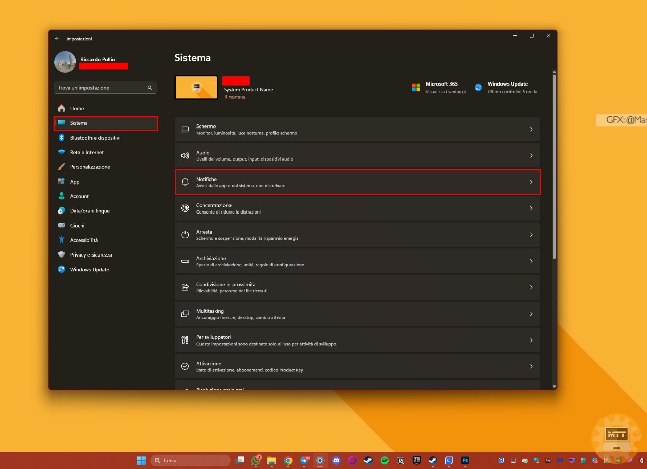 Notifiche sul lato destro della schermata